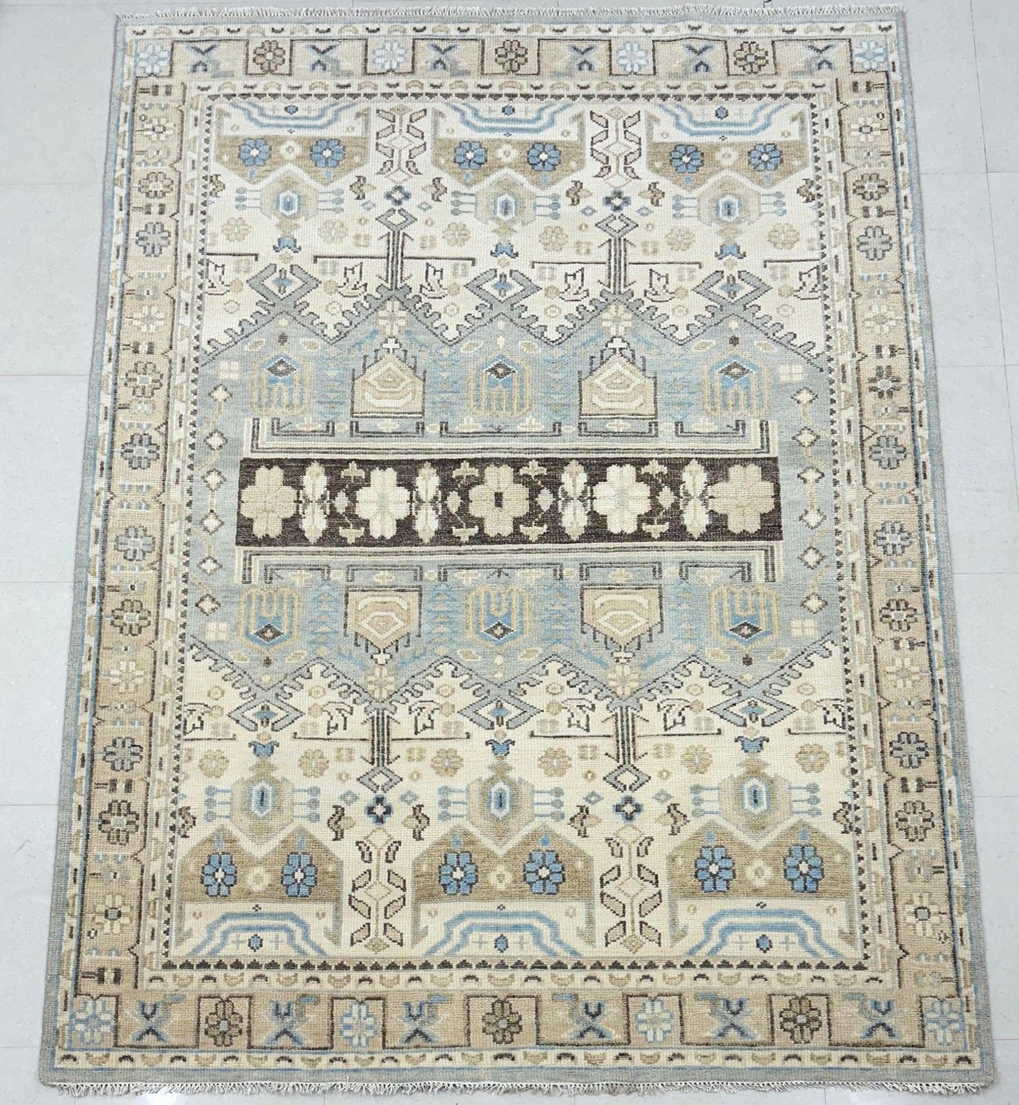 8x10 Ft Hand Knotted Floral Oushak Wool Area Rug, Blue And Ivory Carpet photo for sale