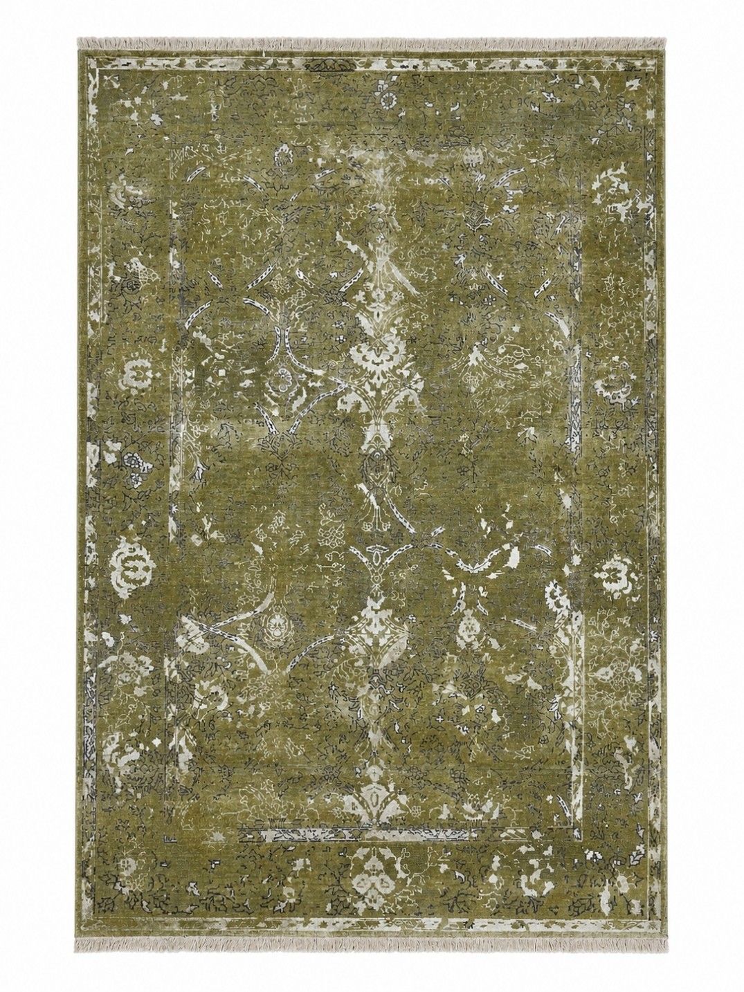 Tapis en laine et soie noué à la main, motif floral patiné vert olive, 180 x 270 cm