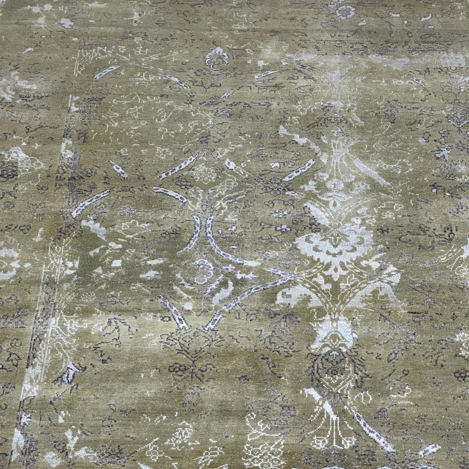 6x9 Ft Hand Knotted Silk Area Rug, Olive Green Distressed Floral Design Carpet photo vinterior