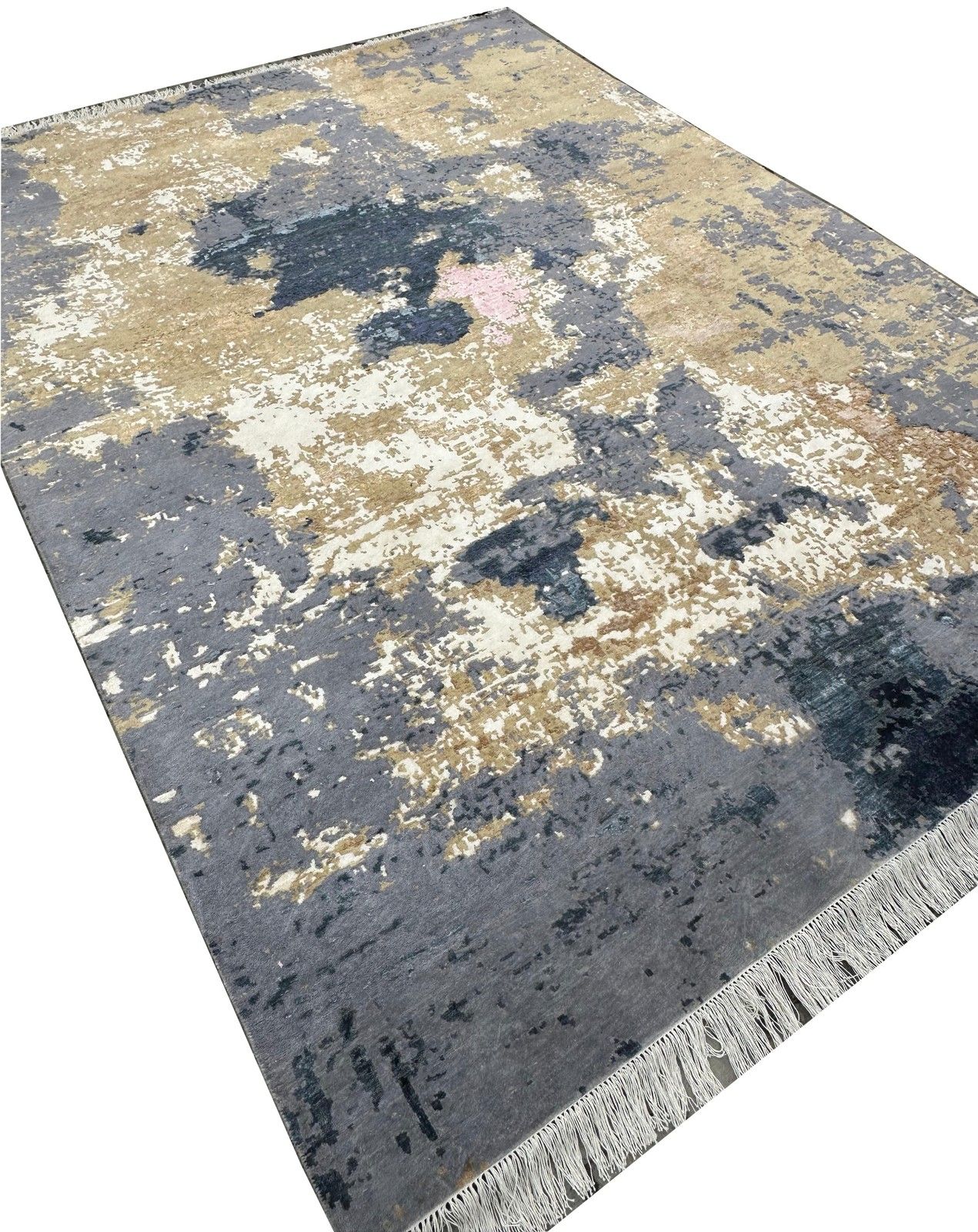 9x12 Ft Hand Knotted Wool Area Rug, Abstract Blue And Beige Modern Carpet photo Textiles