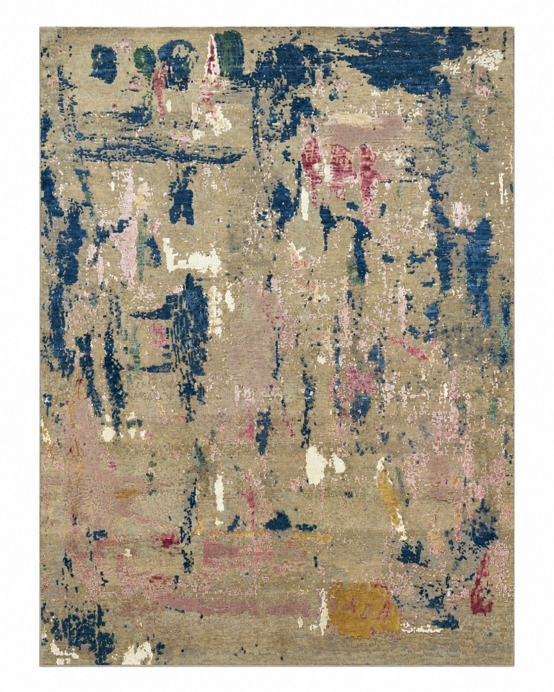 Tapis en laine noué à la main 275 x 365, grand format, beige et bleu, motif abstrait, tapis moderne | Fz005