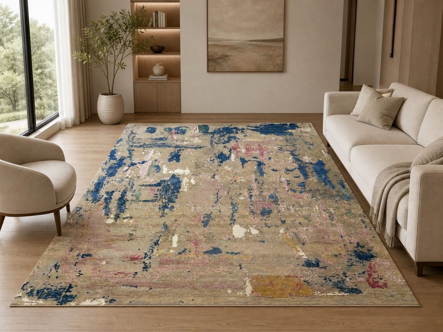 Tapis en laine noué à la main 275 x 365, grand format, beige et bleu, motif abstrait, tapis moderne | Fz005 photo furniture