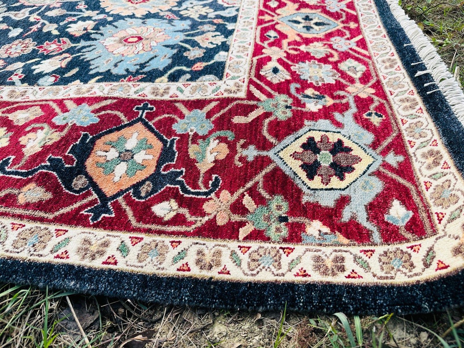 Tapis en laine fait main 245 x 305 cm, motif floral marine et rouge, pour salon photo 3791.0