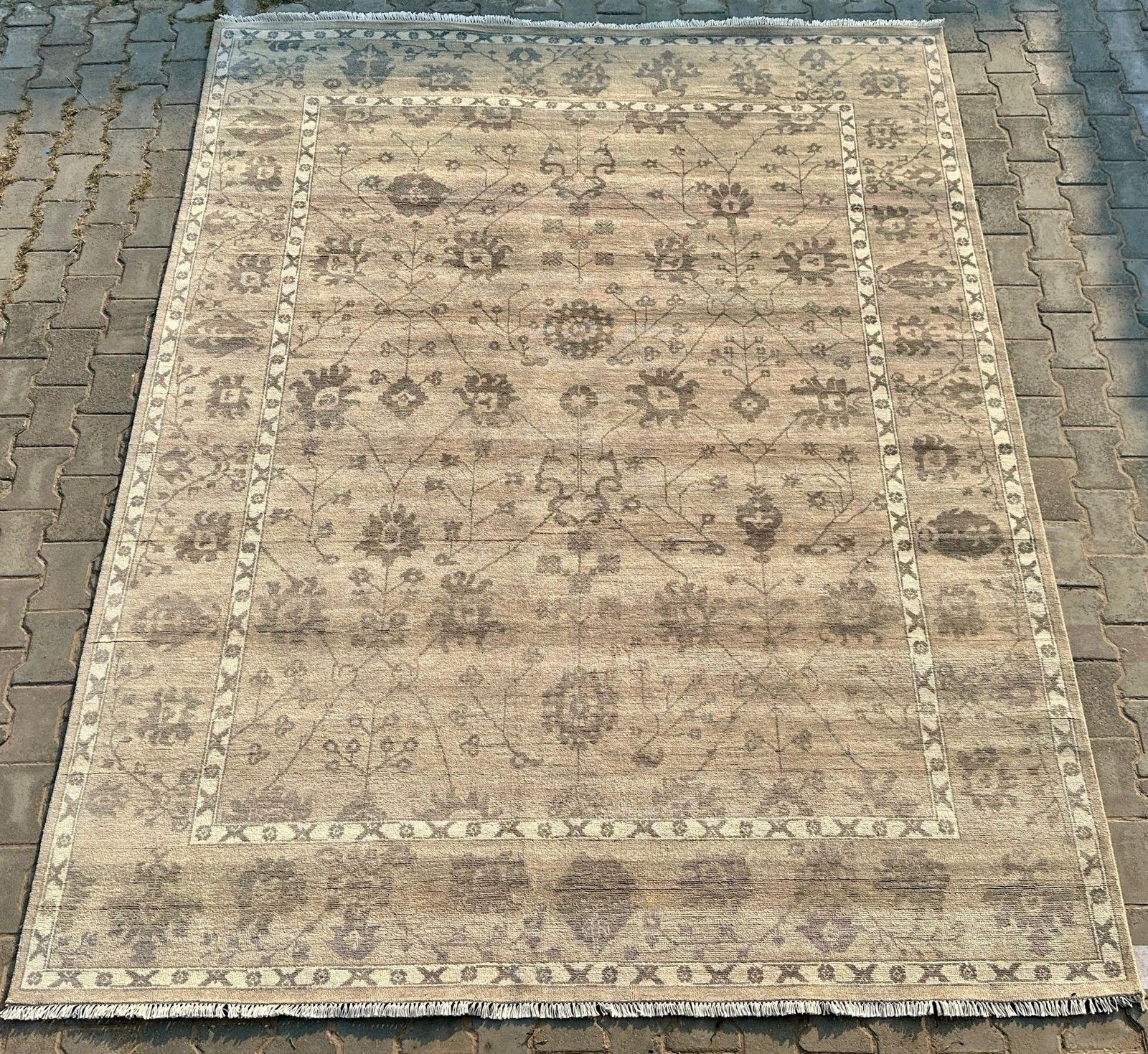 9x12 Ft Hand Knotted Wool Area Rug, Beige Floral Design Carpet For Living Room photo for sale