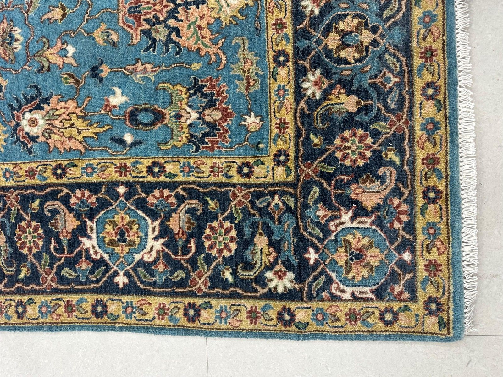 Handgeknoopt wollen vloerkleed 183 x 275 cm, blauw bloemmotief, tapijt voor woonkamer photo 2559.0