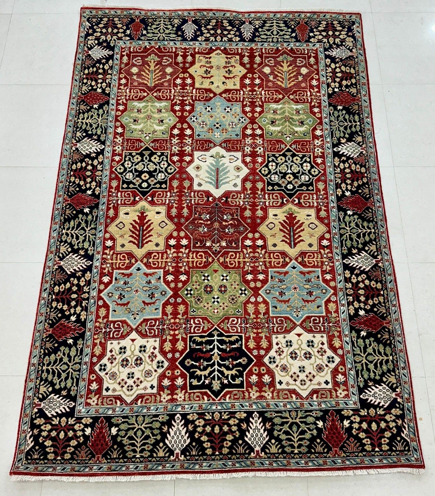 Handgeknoopt wollen vloerkleed 6x9 ft, rood geometrisch botanisch tapijt voor de woonkamer photo for sale