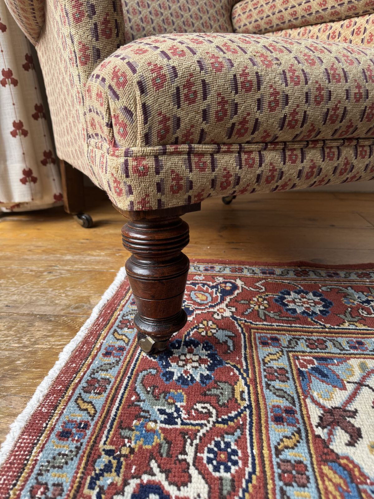 Antique Reupholstered Armchair On Mahogany Casters photo Furniture