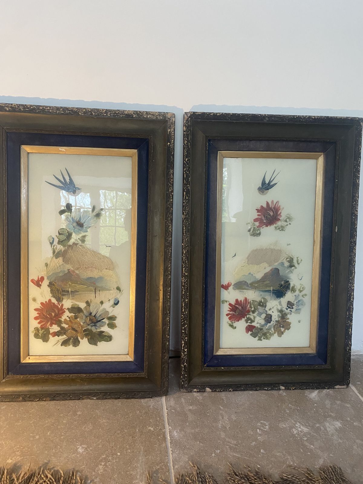 Dealer Grade)  A Rare Matched Pair Of Large Late 19th Century Oil Painted Milk Glass Decorative Panels, Circa 1890–1910.