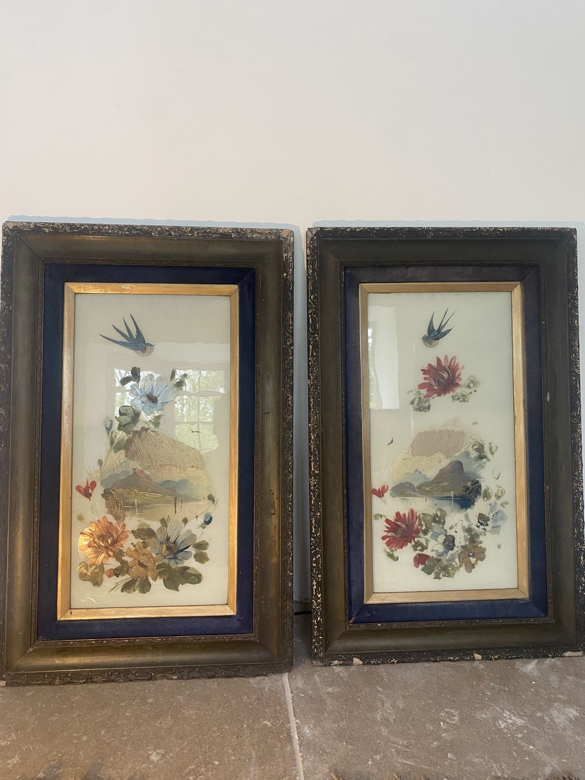 photo buy Dealer Grade)  A Rare Matched Pair Of Large Late 19th Century Oil Painted Milk Glass Decorative Panels, Circa 1890–1910.