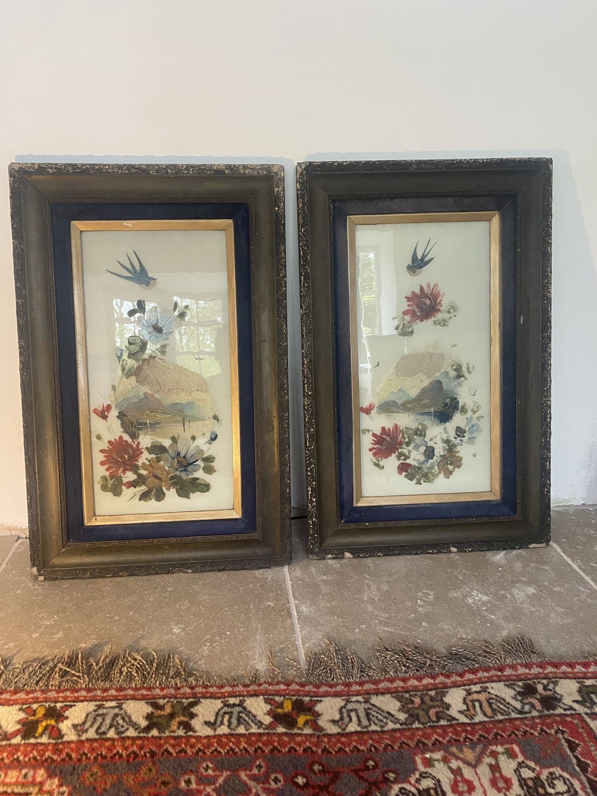 photo vintage Dealer Grade)  A Rare Matched Pair Of Large Late 19th Century Oil Painted Milk Glass Decorative Panels, Circa 1890–1910.