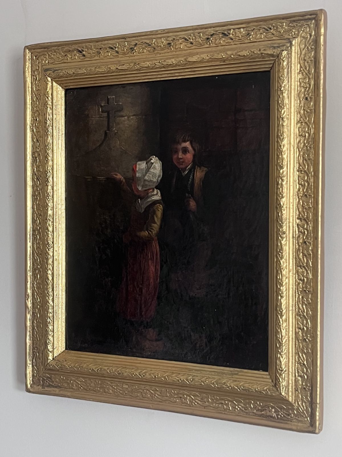 Emma Brownlow 19th Century Oil Painting: Dutch Boy And Girl In Church Interior’ Signed And Dated photo vintage