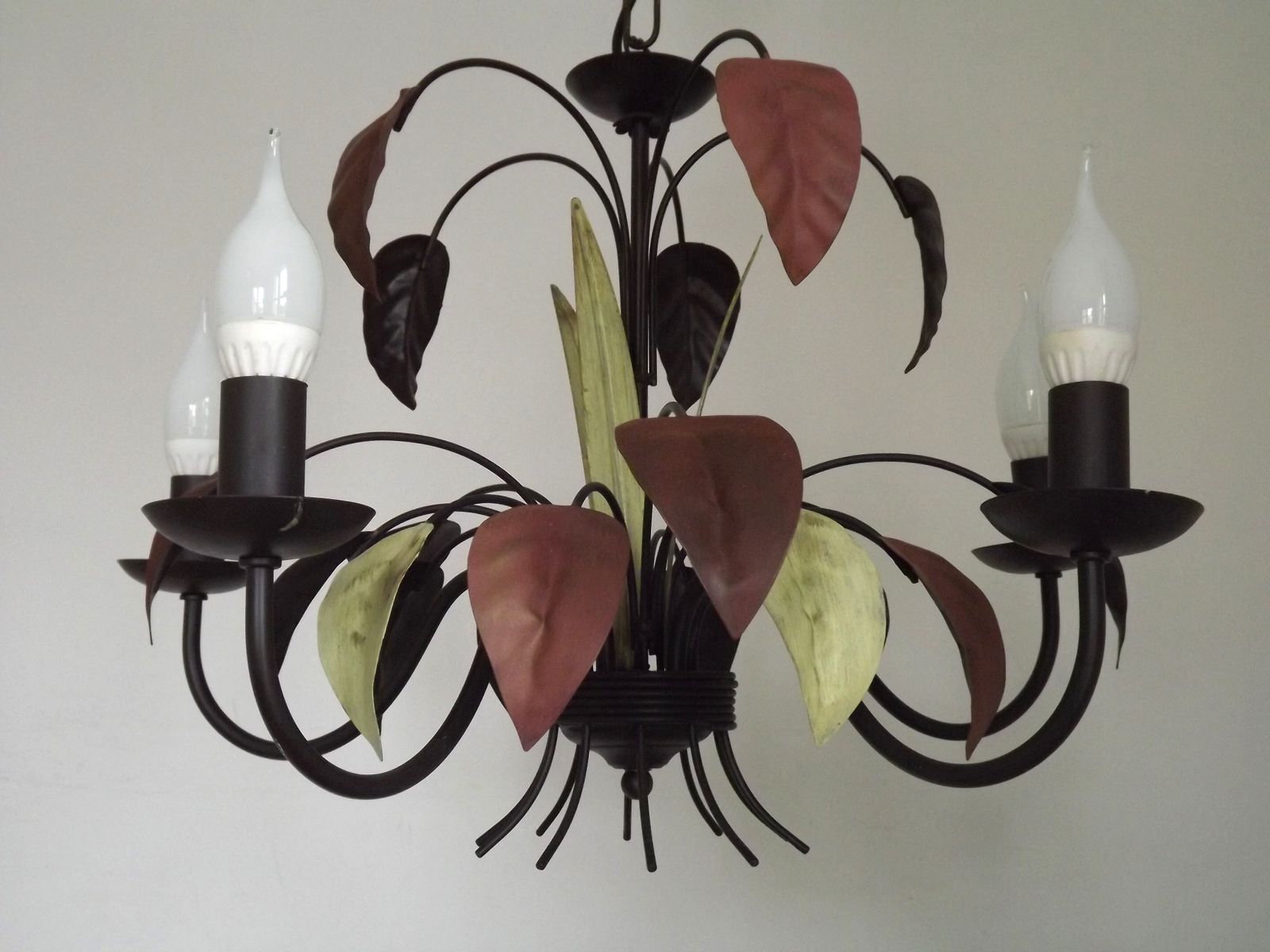 French Vintage 5 Light Brown & Green Tied Boquet Style Large Leaf Toleware Chandelier photo vinterior