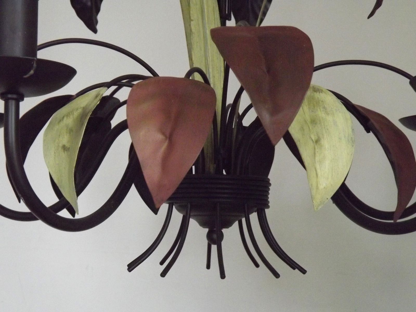 French Vintage 5 Light Brown & Green Tied Boquet Style Large Leaf Toleware Chandelier photo buy