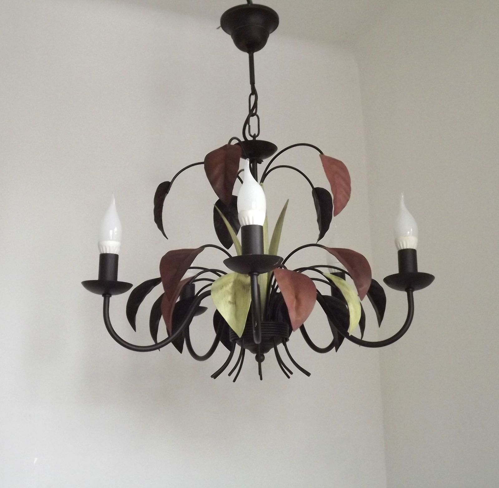 French Vintage 5 Light Brown & Green Tied Boquet Large Leaf Toleware Chandelier photo furniture