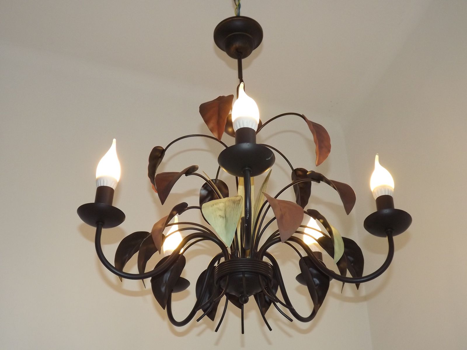French Vintage 5 Light Brown & Green Tied Boquet Large Leaf Toleware Chandelier