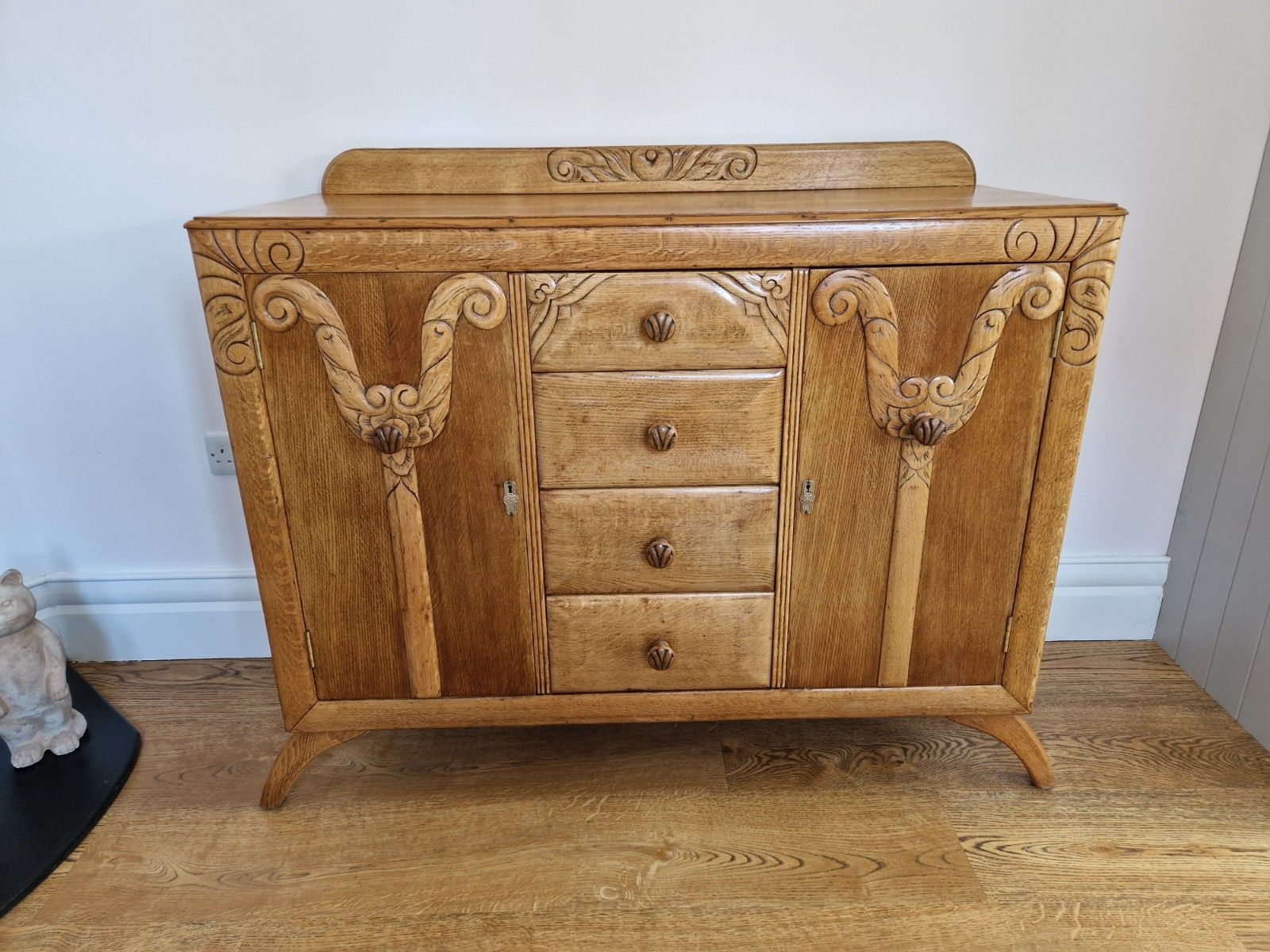 Mid Century Oak Sideboard | Carved Detail | Fully Restored | Rugged Olive photo 495.0