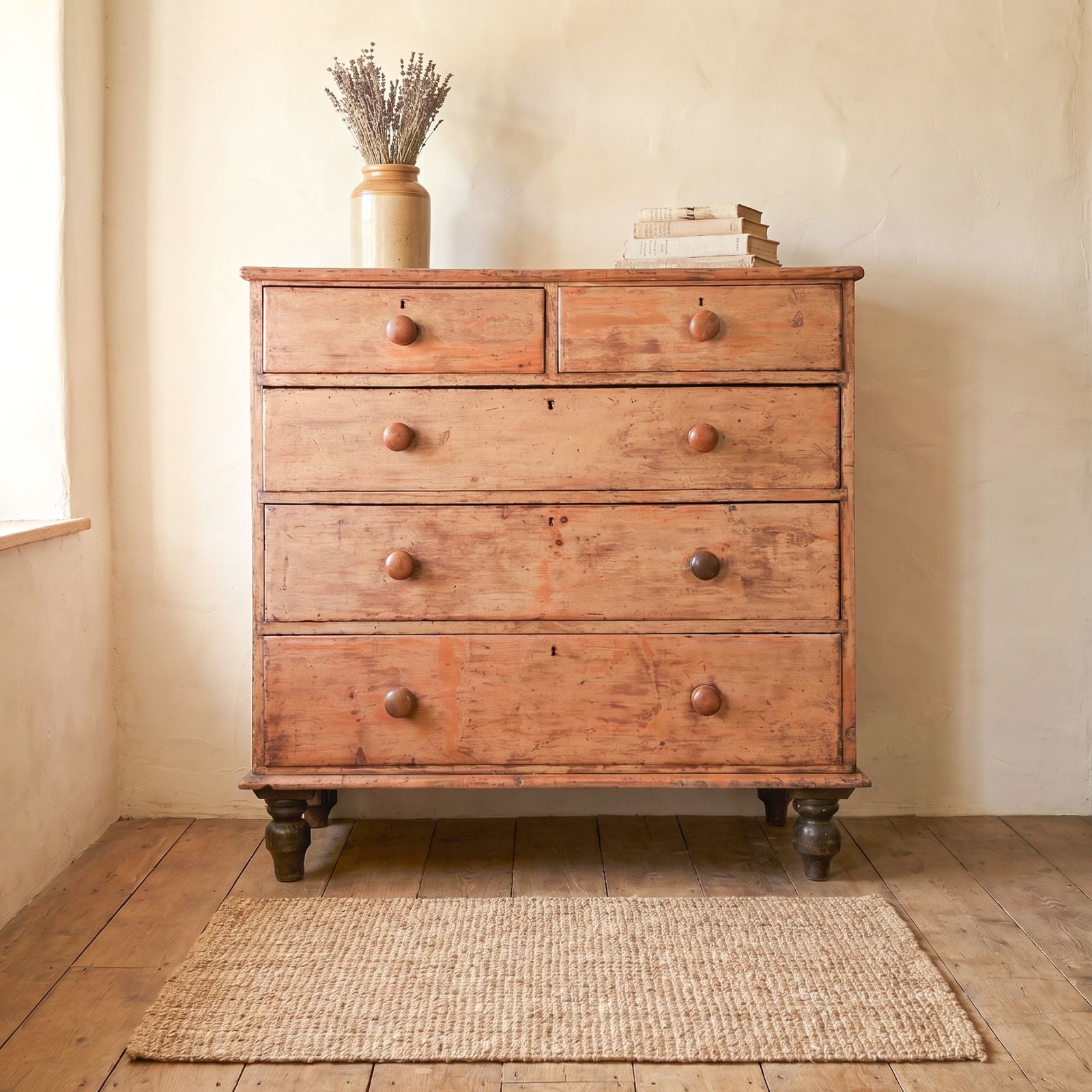 photo vinterior Antique Pine Chest Of Drawer With Five Drawers Farmhouse Style