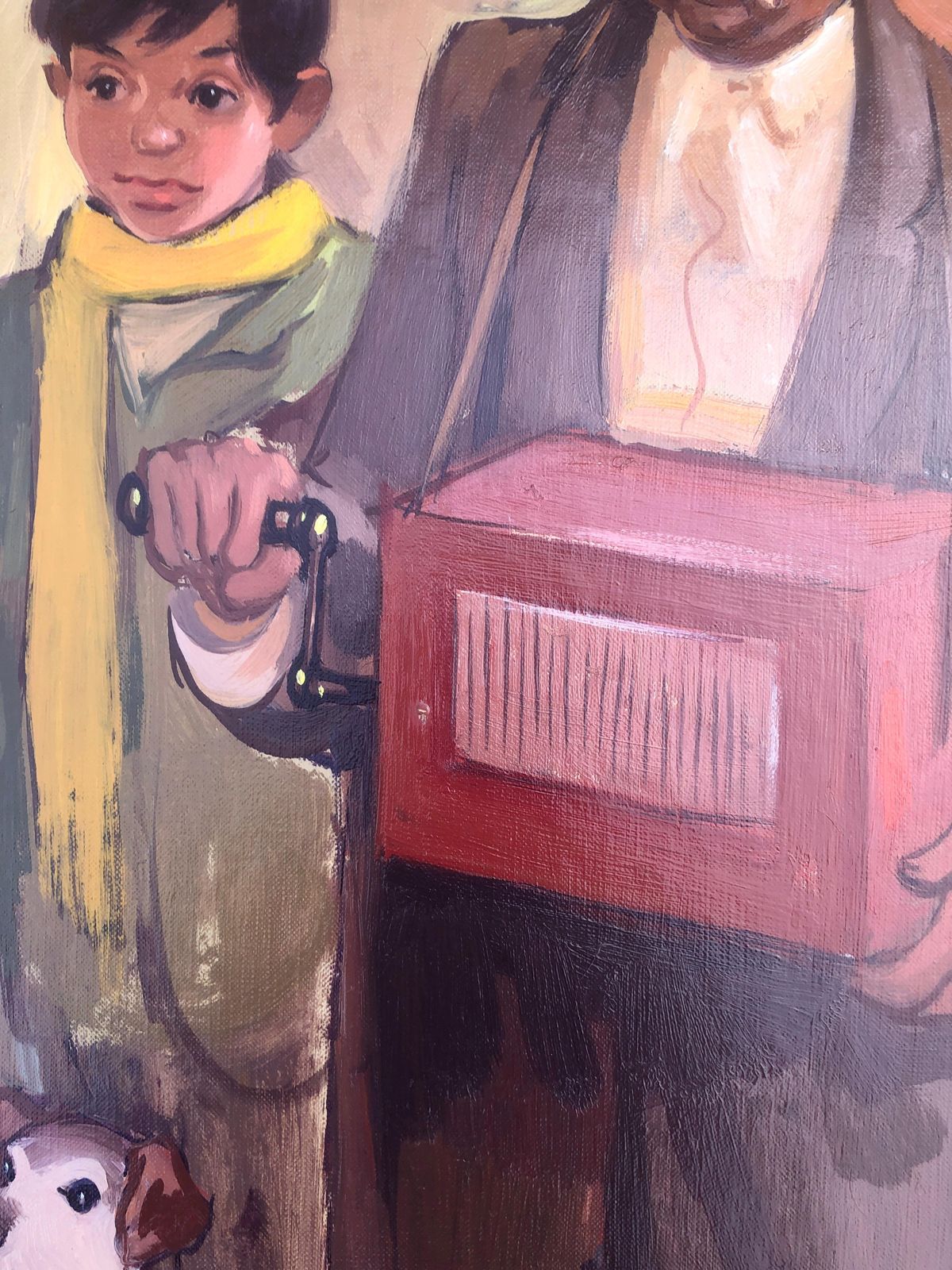 Musiciens des rues au chien, Albert Roca, peinture figurative moderne espagnole à l'huile, vers 1990 photo 1000.0