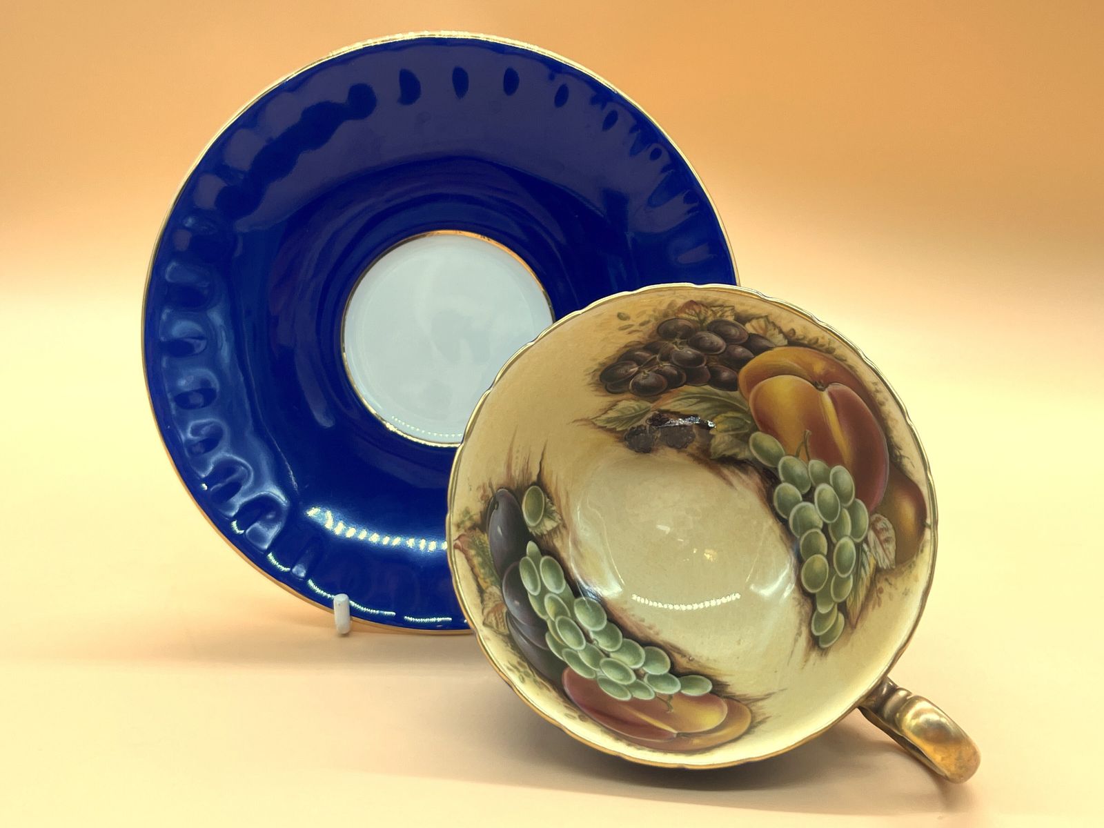 Aynsley China Orchard Gold Fruit Oban Shape Cobalt Blue And Gold Cabinet Tea Cup & Saucer Duo. photo furniture