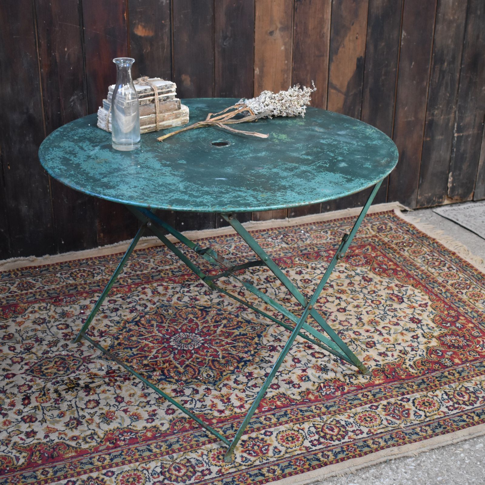Antique 1950s French Green Hand Forged Metal Cafe Bistro Outside Folding Table