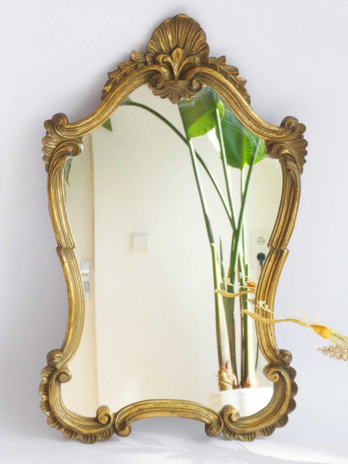 Gold Gilt Scalloped Baroque Mirror, French Hollywood Regency Rococo Wall Mirror, Floral Design Wall Hanging photo furniture