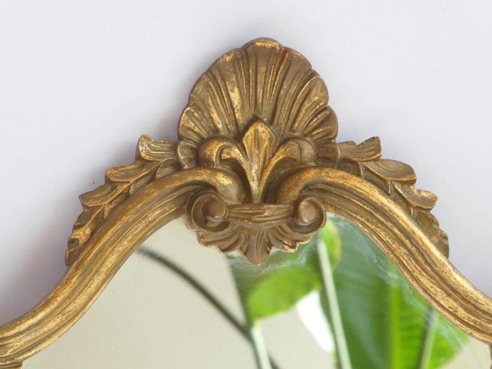 Gold Gilt Scalloped Baroque Mirror, French Hollywood Regency Rococo Wall Mirror, Floral Design Wall Hanging photo for sale