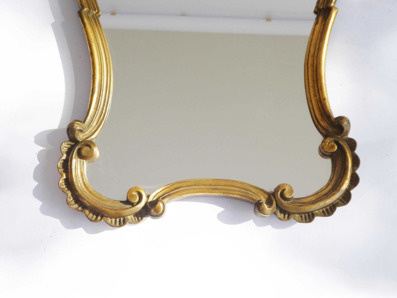 Gold Gilt Scalloped Baroque Mirror, French Hollywood Regency Rococo Wall Mirror, Floral Design Wall Hanging photo vinterior