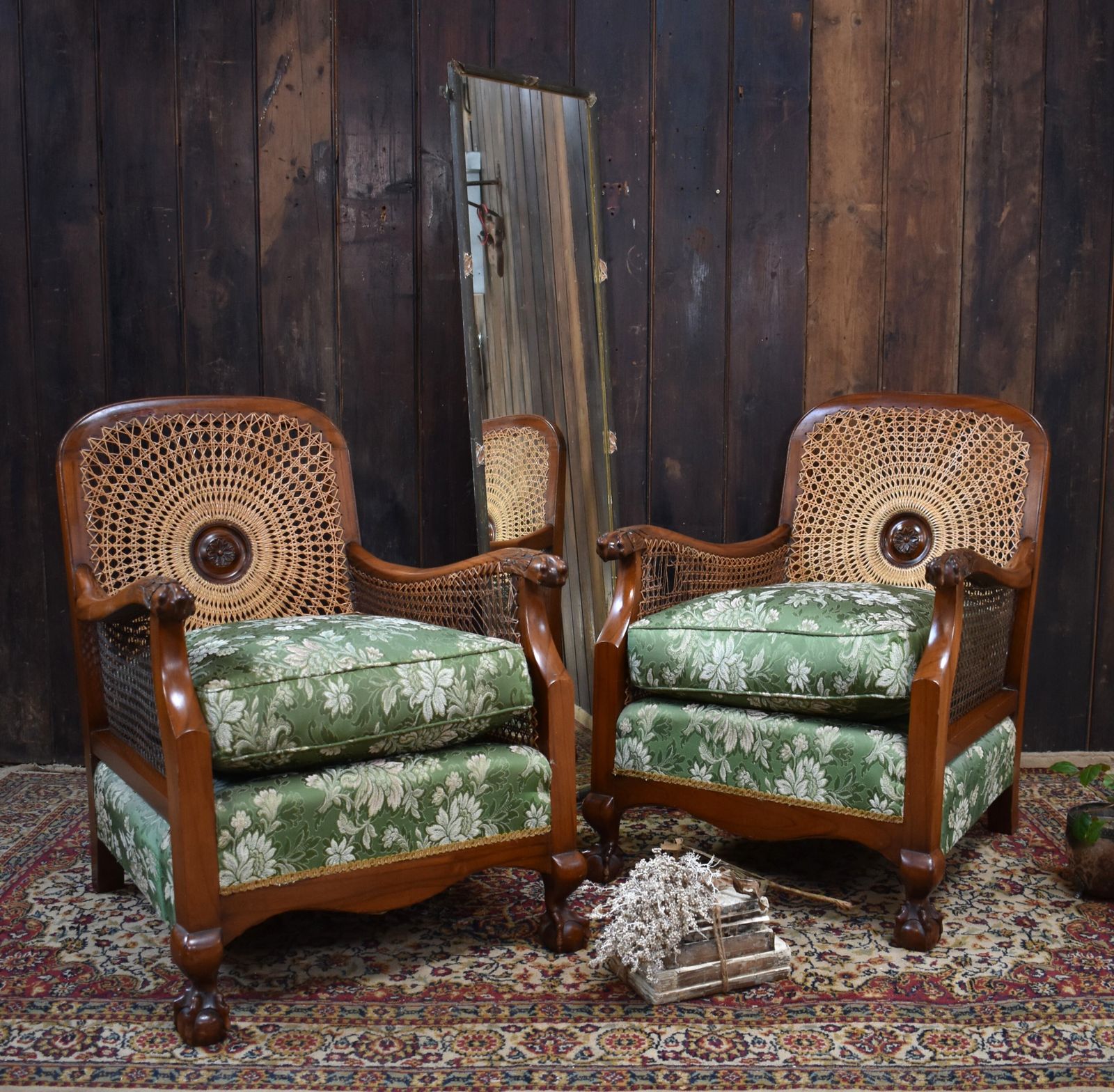Antique Walnut Bergere Cane Carved Paw Arms Claw & Ball Foot Armchairs Pair