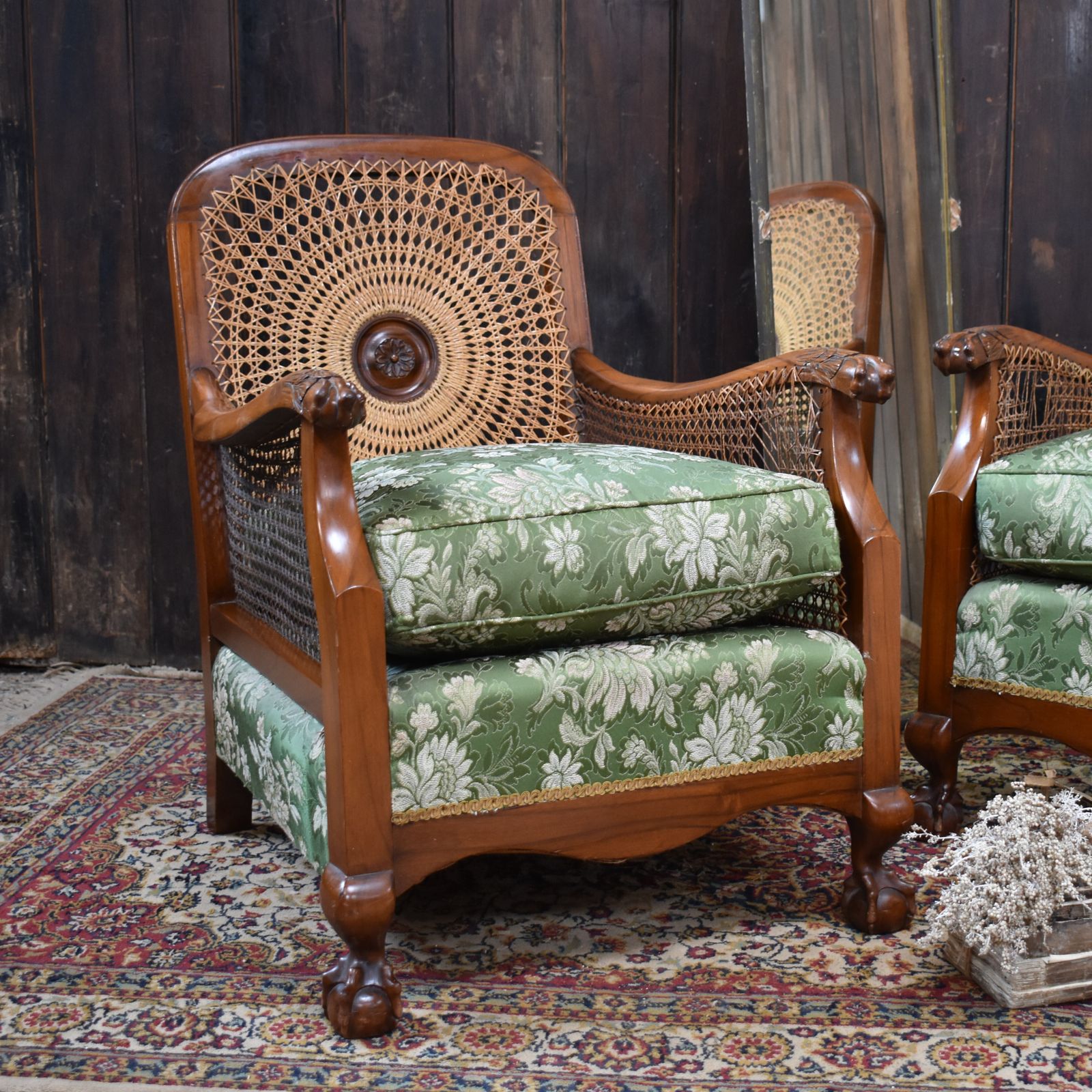 Antique Walnut Bergere Cane Carved Paw Arms Claw & Ball Foot Armchairs Pair photo for sale