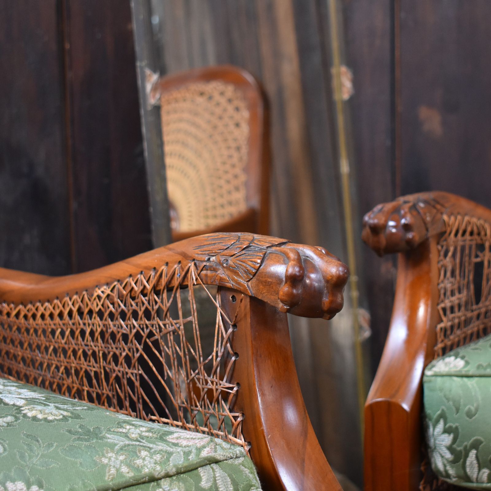 Antique Walnut Bergere Cane Carved Paw Arms Claw & Ball Foot Armchairs Pair photo Furniture