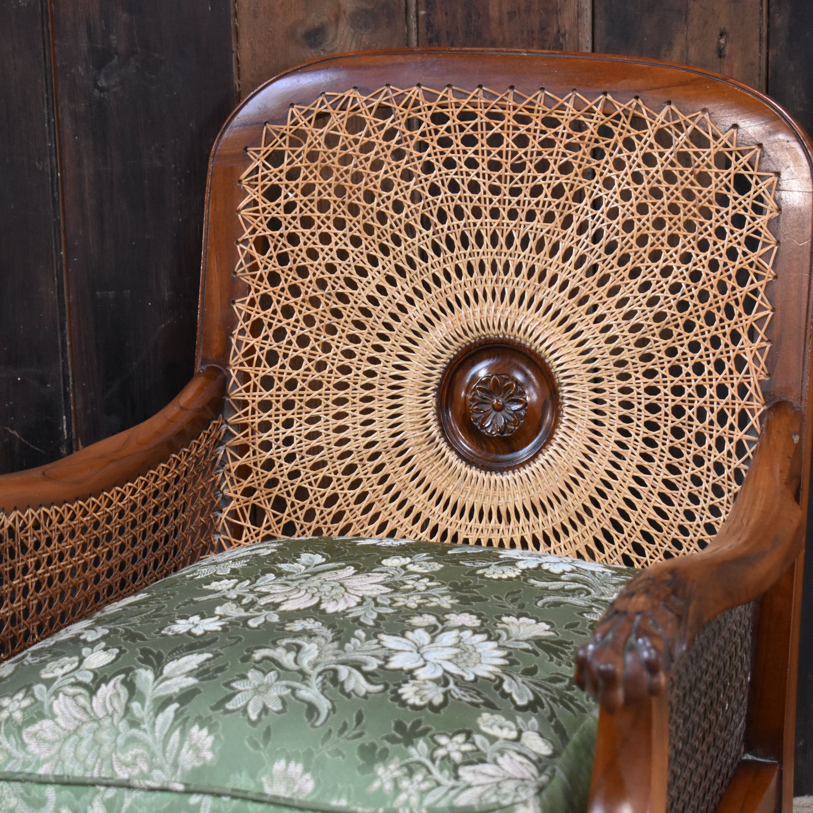 Antique Walnut Bergere Cane Carved Paw Arms Claw & Ball Foot Armchairs Pair photo vintage