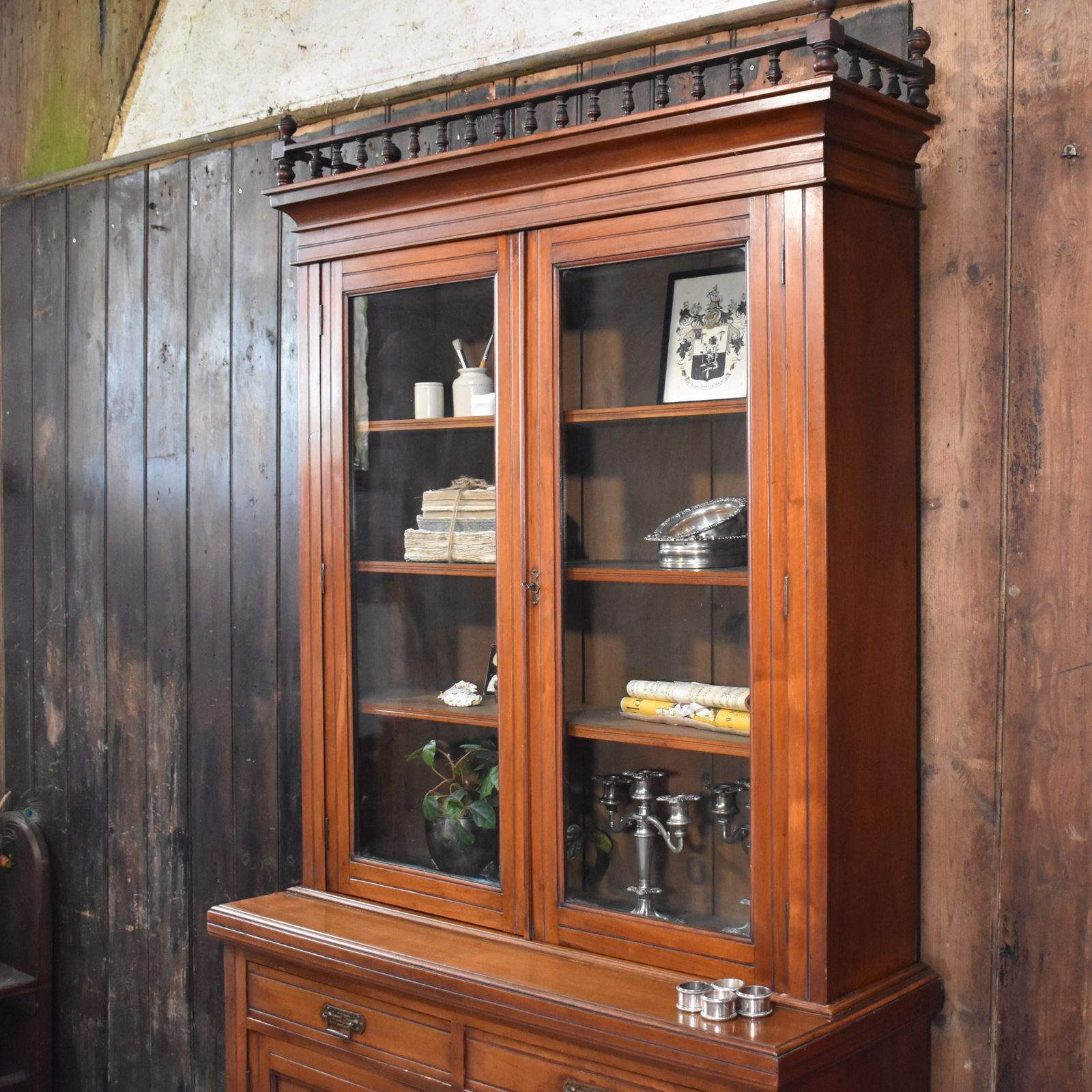 Antique Victorian Walnut Gallery Top Glazed Bookcase Display Cabinet Dresser photo vinterior