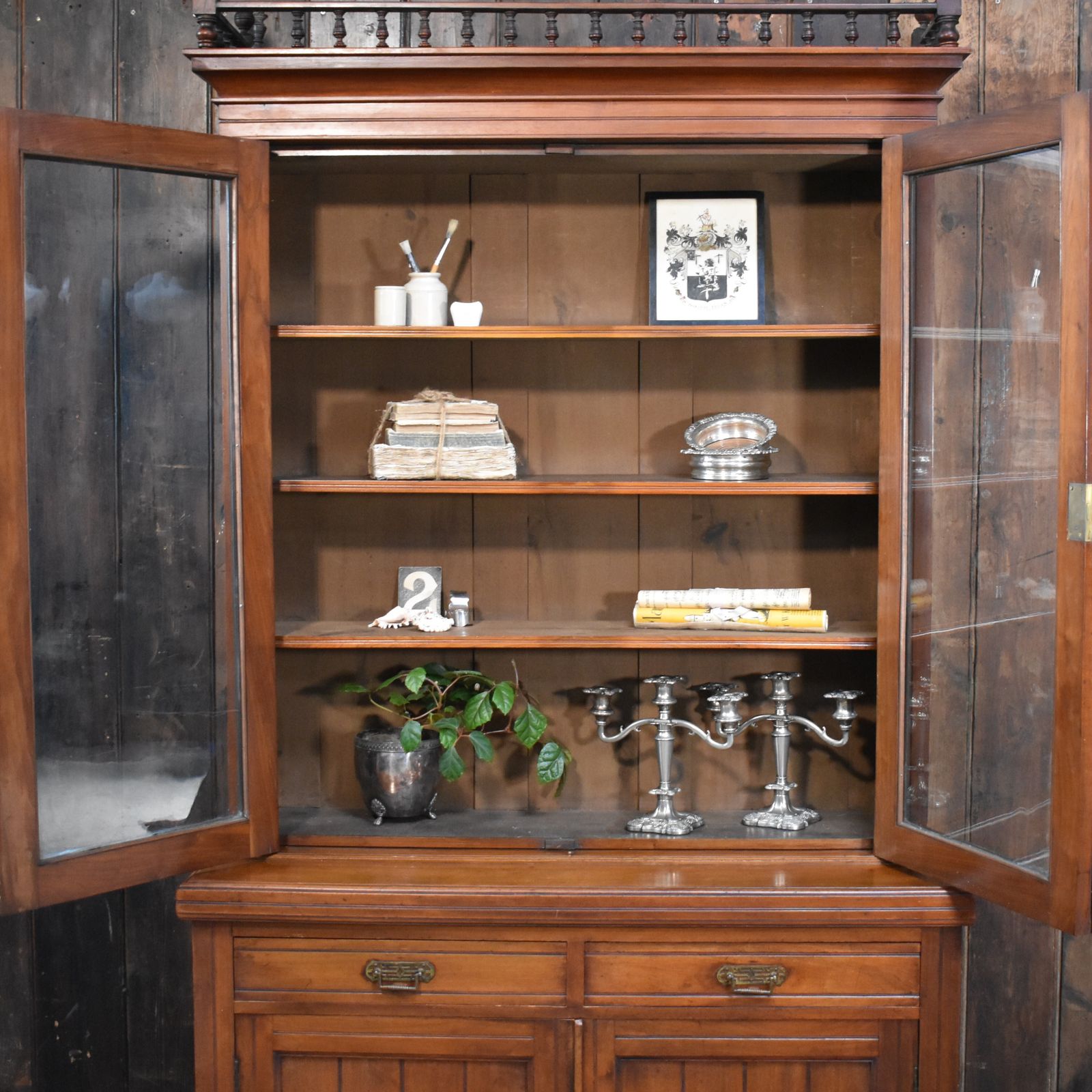 Antique Victorian Walnut Gallery Top Glazed Bookcase Display Cabinet Dresser photo vintage