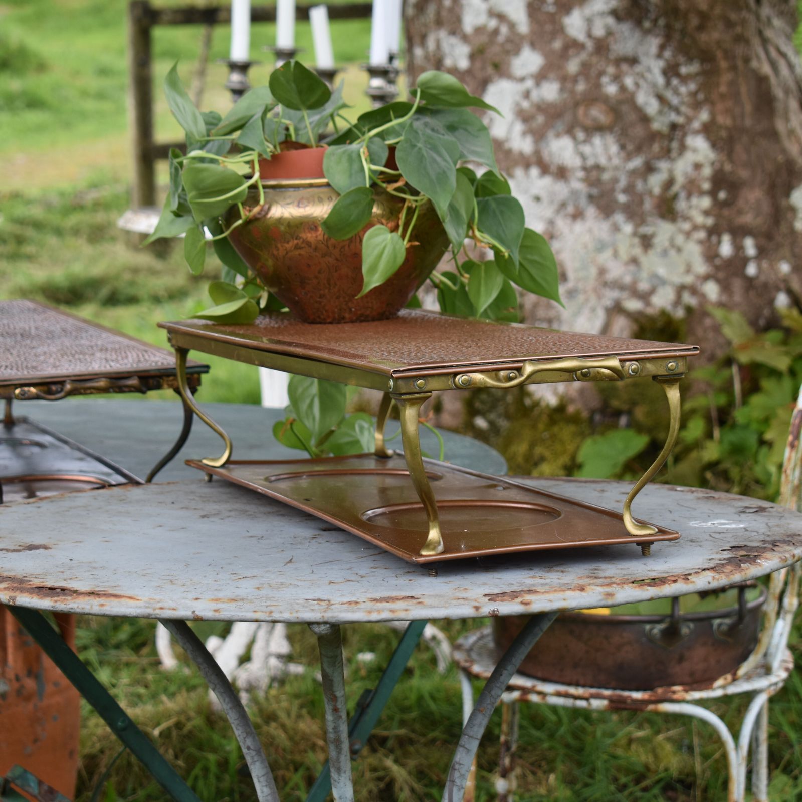 Antique Henry Loveridge Repousse Copper & Brass Warmer Plant Display Stand Pair photo furniture