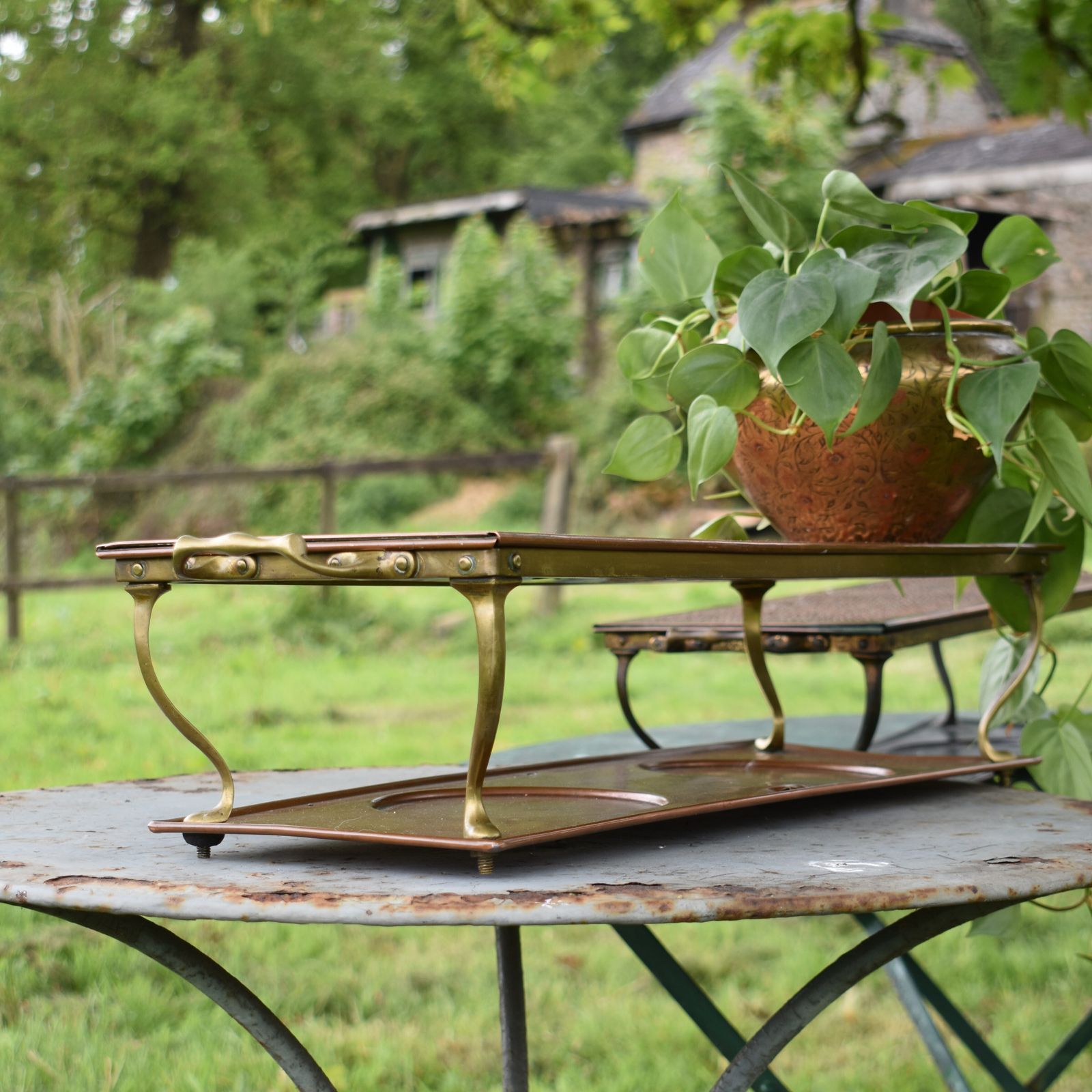Antique Henry Loveridge Repousse Copper & Brass Warmer Plant Display Stand Pair photo vinterior