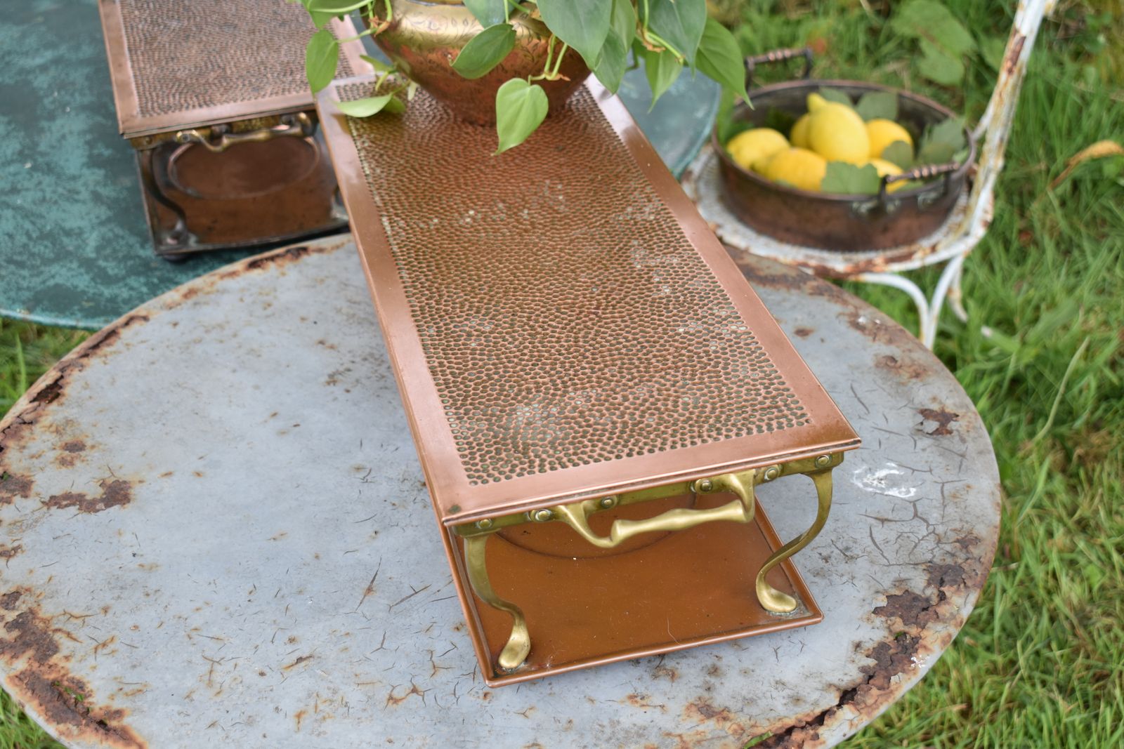 photo furniture Antique Henry Loveridge Repousse Copper & Brass Warmer Plant Display Stand Pair