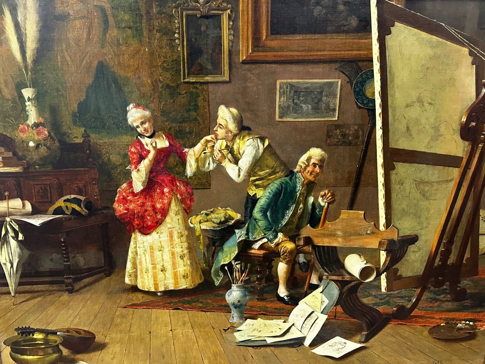 Gilt Framed 19th Century Italian Genre Mutual Admiration Oil Painting By Pompeo Massani photo furniture