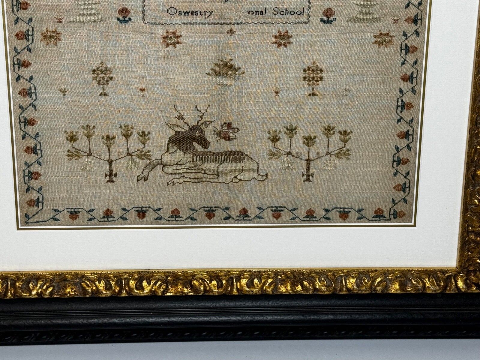 Stag Looking At Bee Tapestry Sampler By Rachel 1831 Oswestry National School photo Art