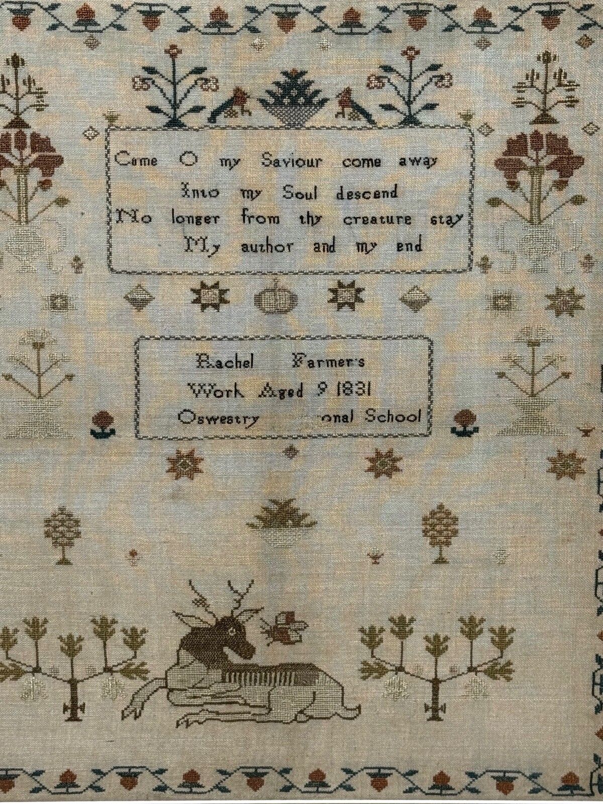 Stag Looking At Bee Tapestry Sampler By Rachel 1831 Oswestry National School photo vintage