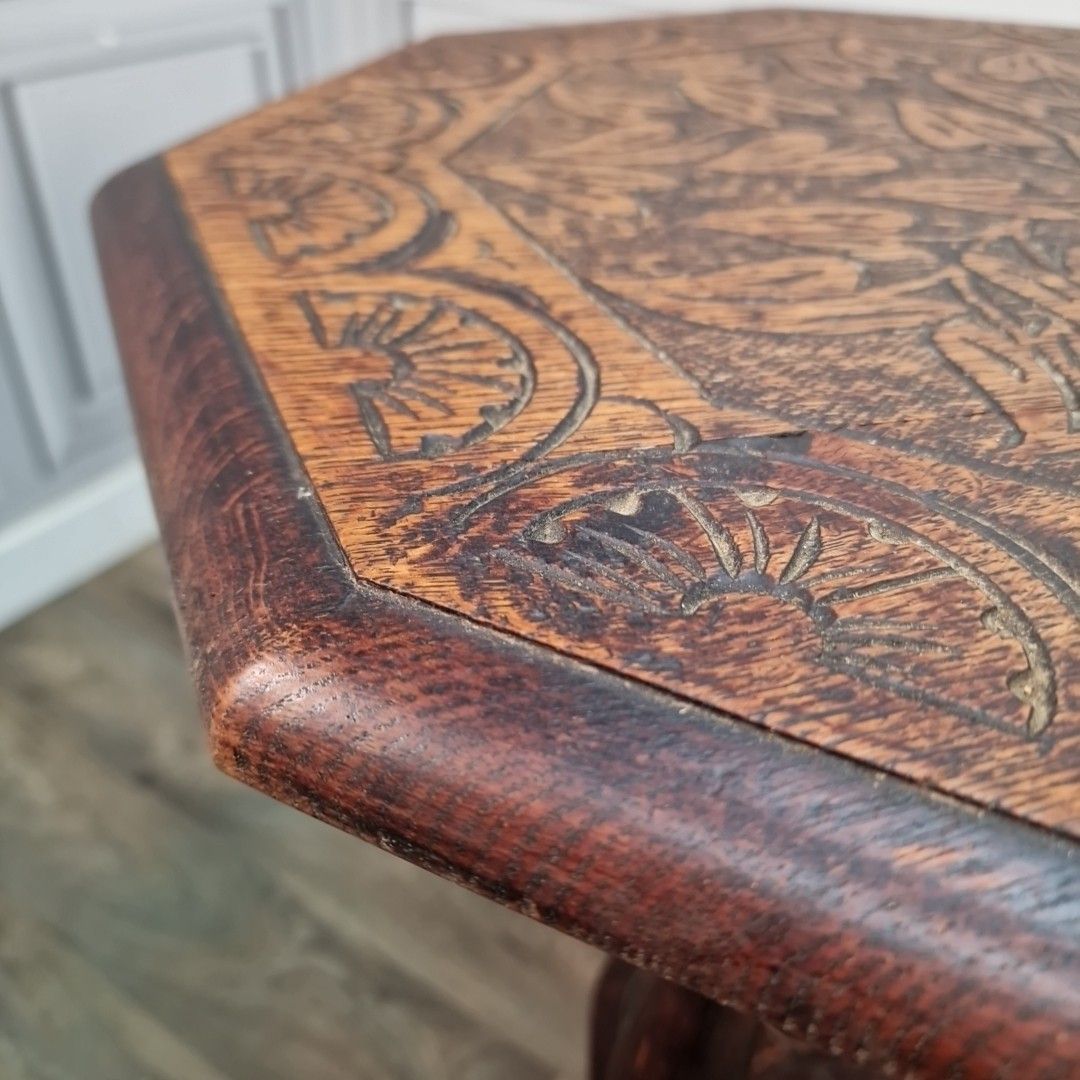 Antique Carved Lamp Table Oak Nonagonal – Arts And Crafts Side Liberty & Co photo buy
