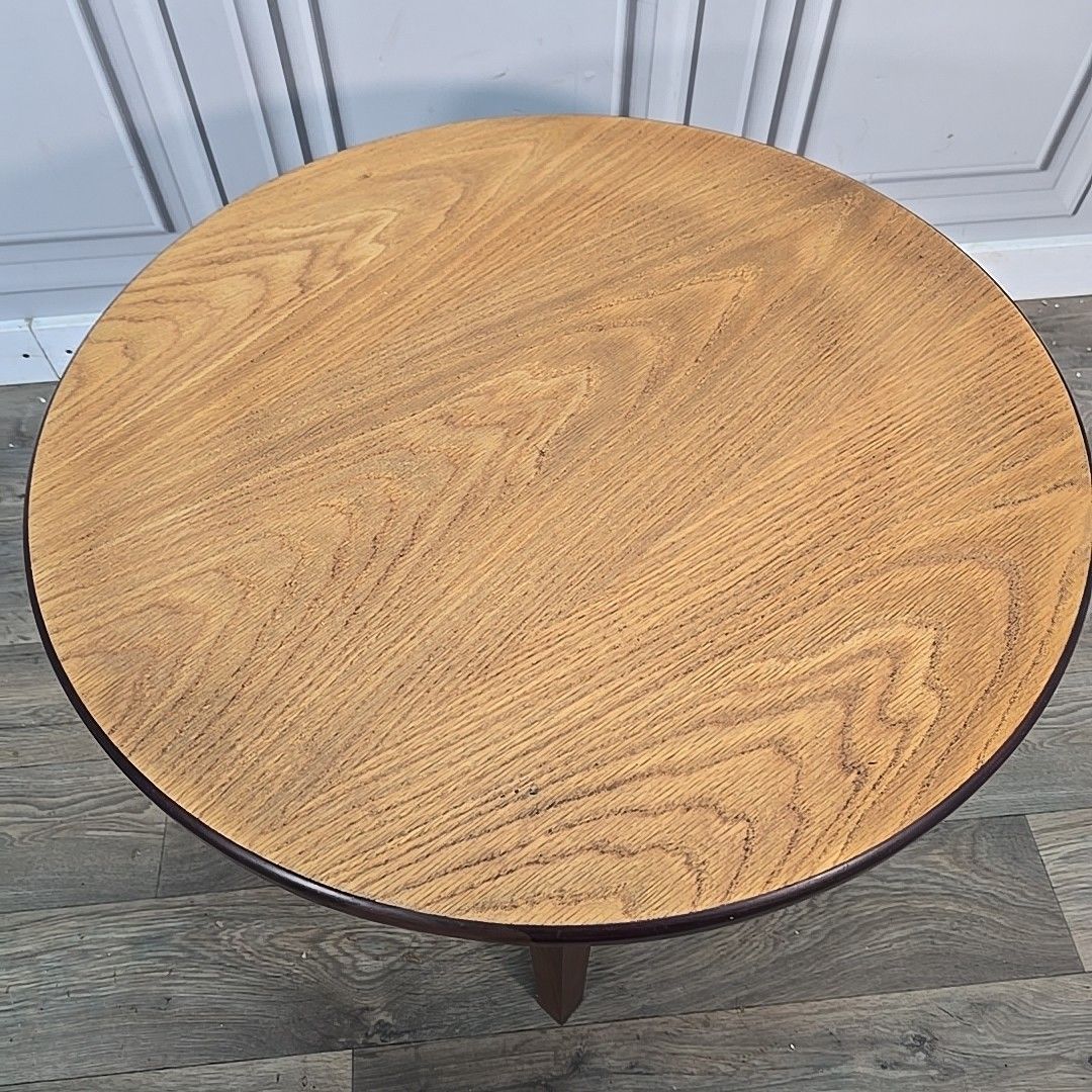 Unusual Upcycled Round Coffee Table – Oak Top "Nik Munro" John Lewis Chair Base photo for sale