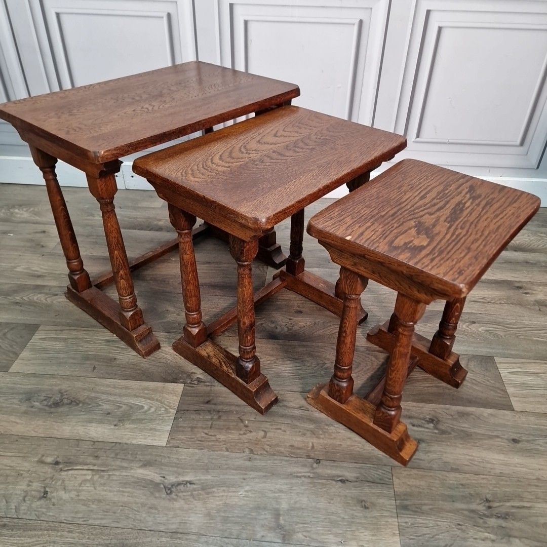 Antique Nest Of Tables 3 Oak Mid Century Occasional Side Vintage Wooden Retro photo for sale