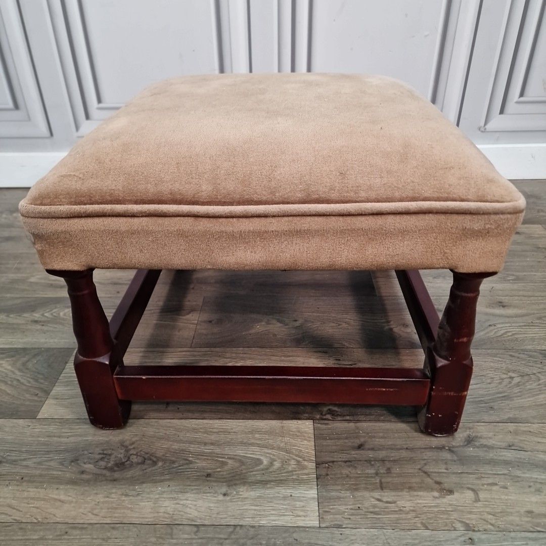 Vintage Foot Stool Retro Turned Wooden Brown Square Rest Pouffe Velvet Fabric photo furniture