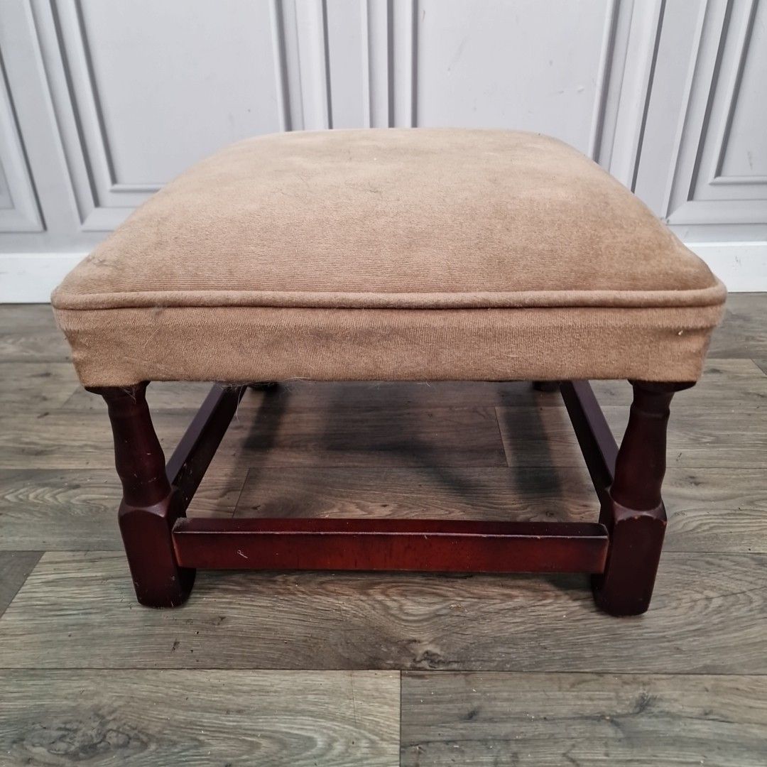 Vintage Foot Stool Retro Turned Wooden Brown Square Rest Pouffe Velvet Fabric photo 55.0