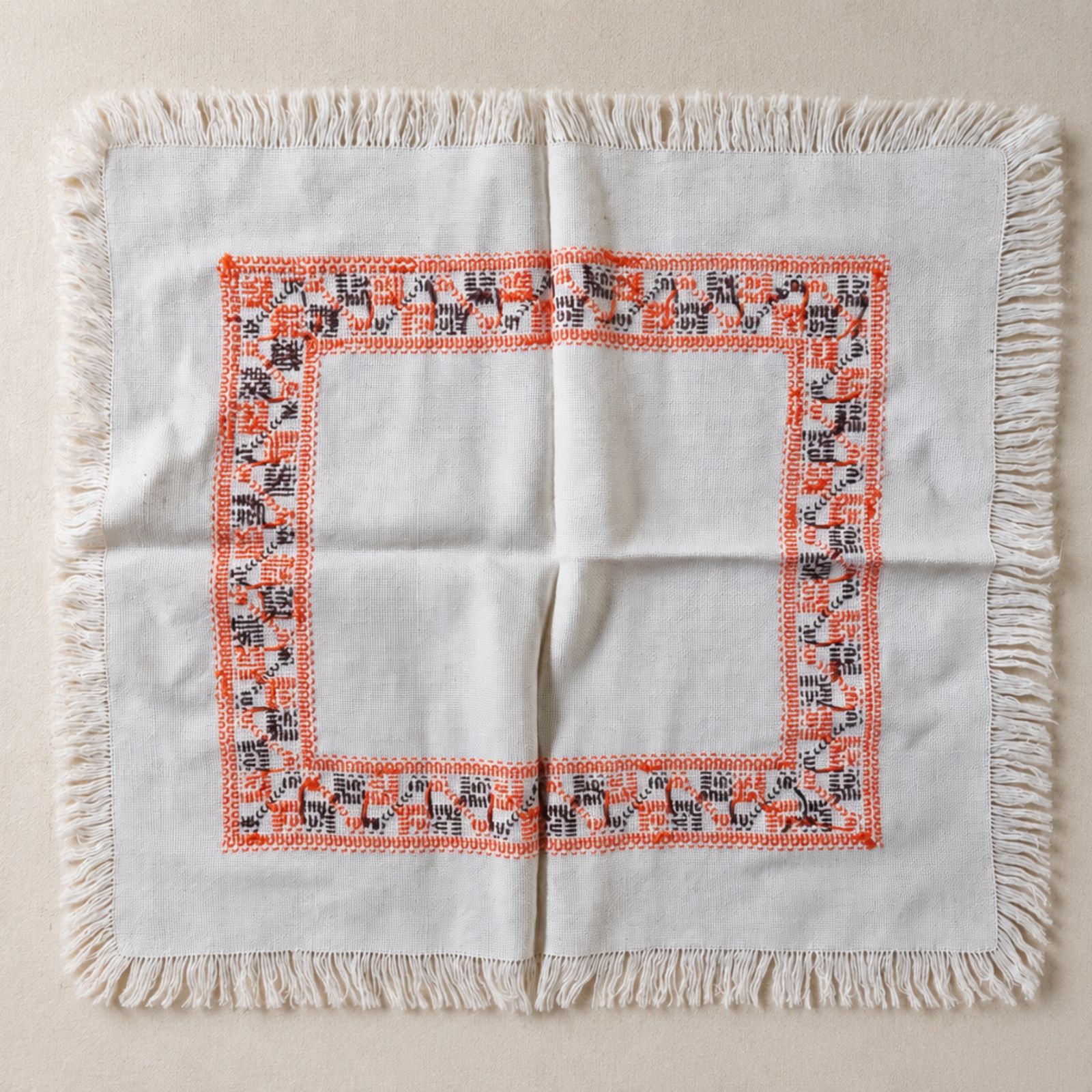 photo furniture Vintage Handmade Embroidered Scandinavian Fringed Small Table Mat Folk Textile 1970s