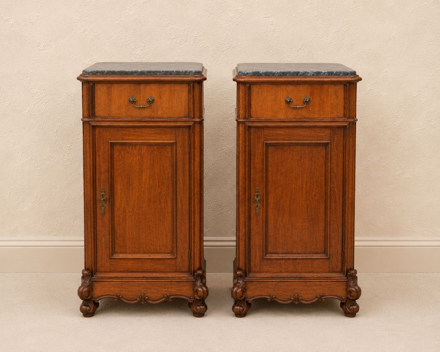 Pair Of French Walnut & Belgian “Sainte Anne” Marble Bedside Cabinets.