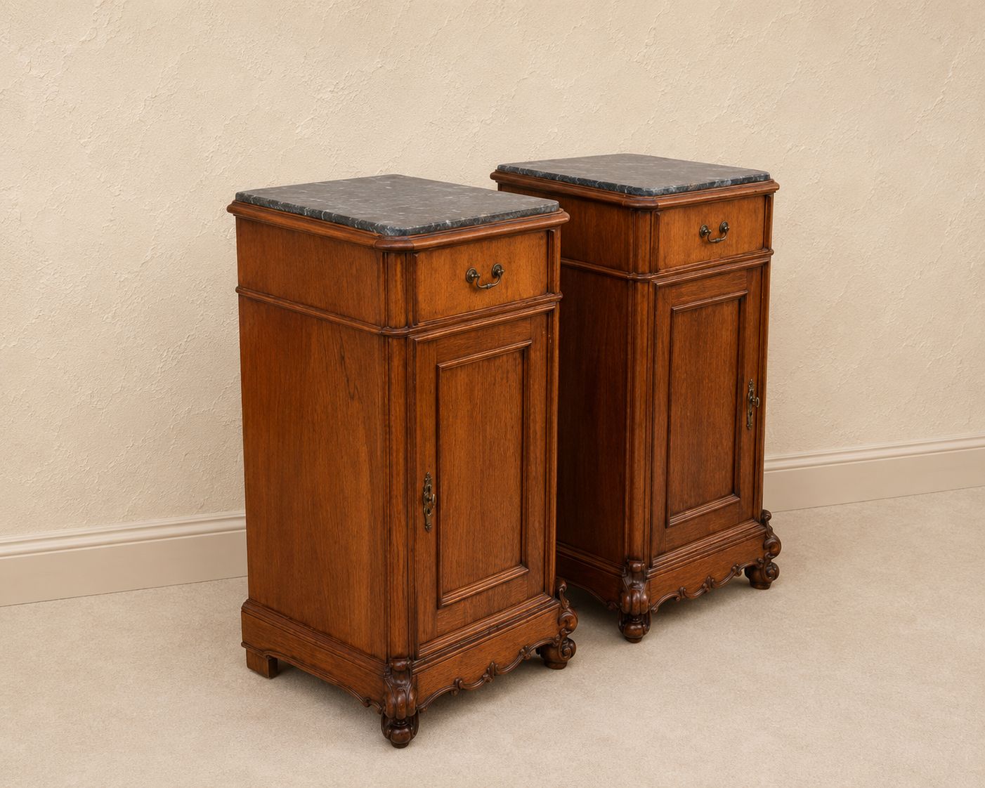 photo furniture Pair Of French Walnut & Belgian “Sainte Anne” Marble Bedside Cabinets.