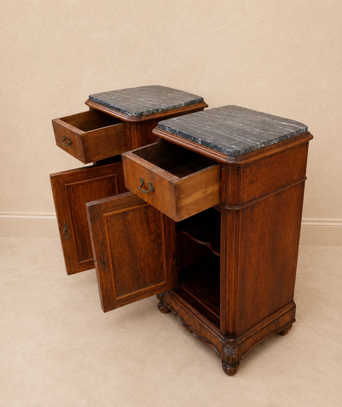 photo for sale Pair Of French Walnut & Belgian “Sainte Anne” Marble Bedside Cabinets.