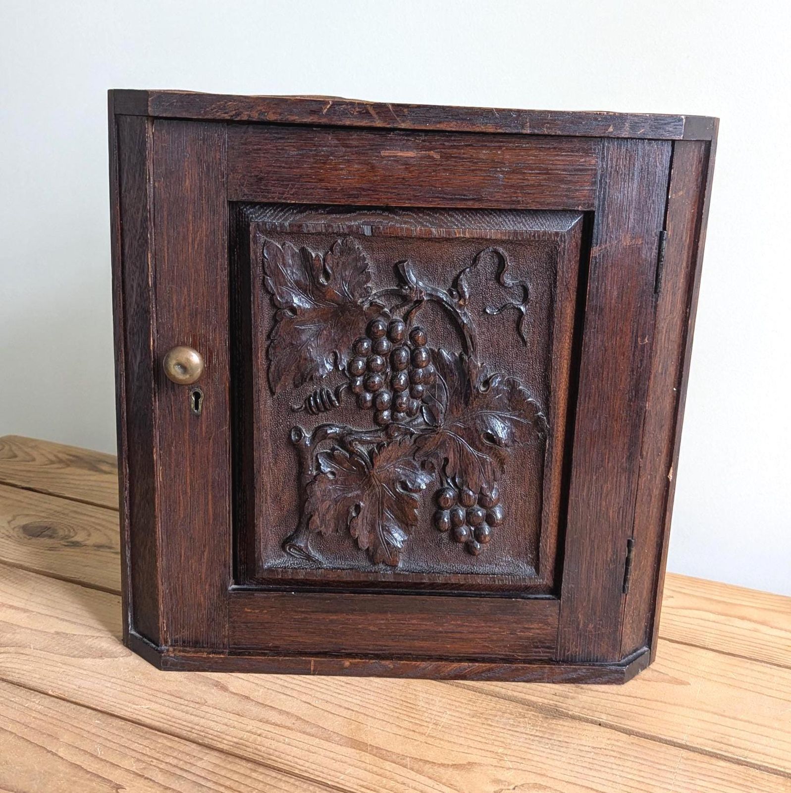 Antique Oak Corner Cupboard: Carved Grapes, Panelled Door, C19th Wall Hanging photo furniture