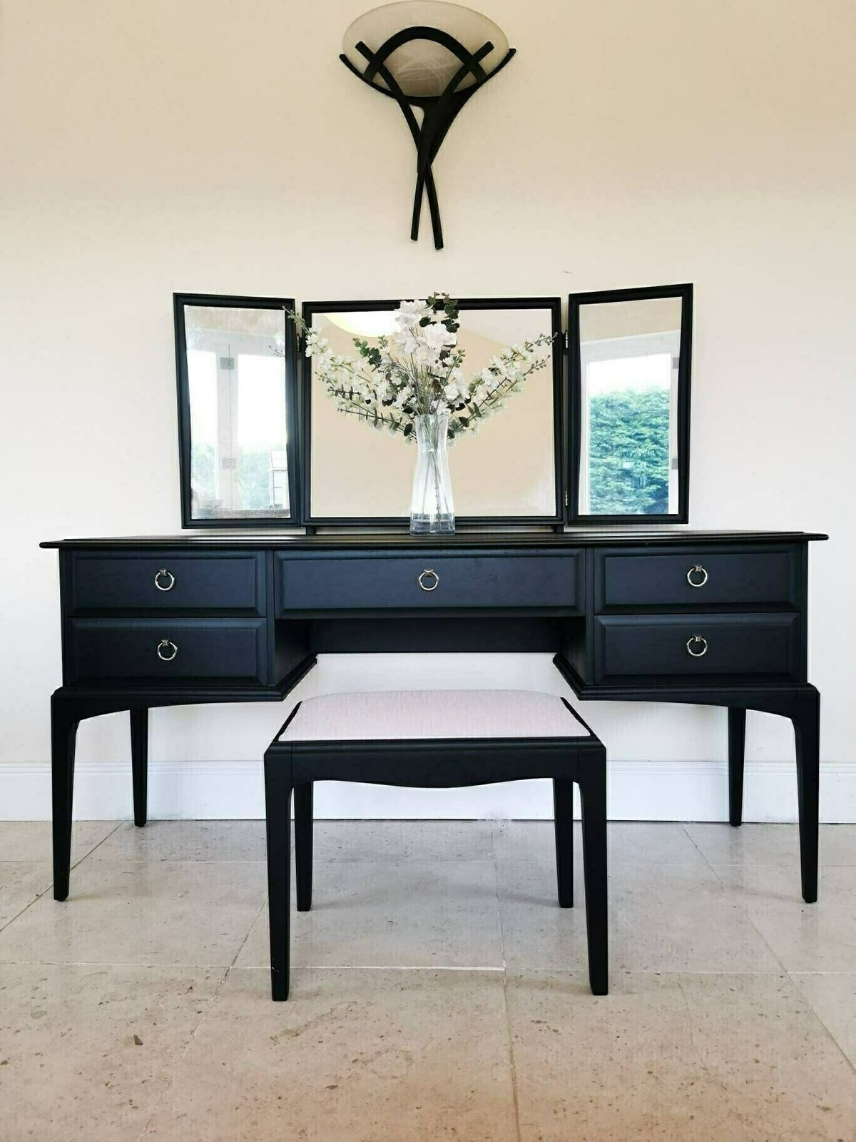 Spray Painted Matt Black Stag Minstrel Dressing Table Set With Triple Mirror & Stool
